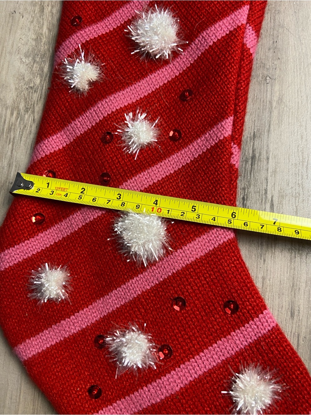 Red Pink Striped Holiday Stocking with Pom Poms and sequins - Picture 7 of 8